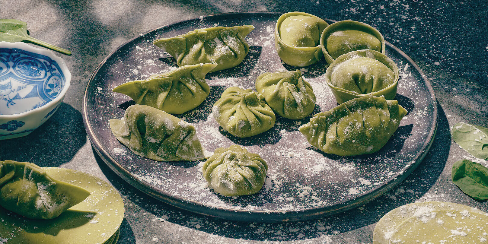 Close up of gyoza ingredients and textures
