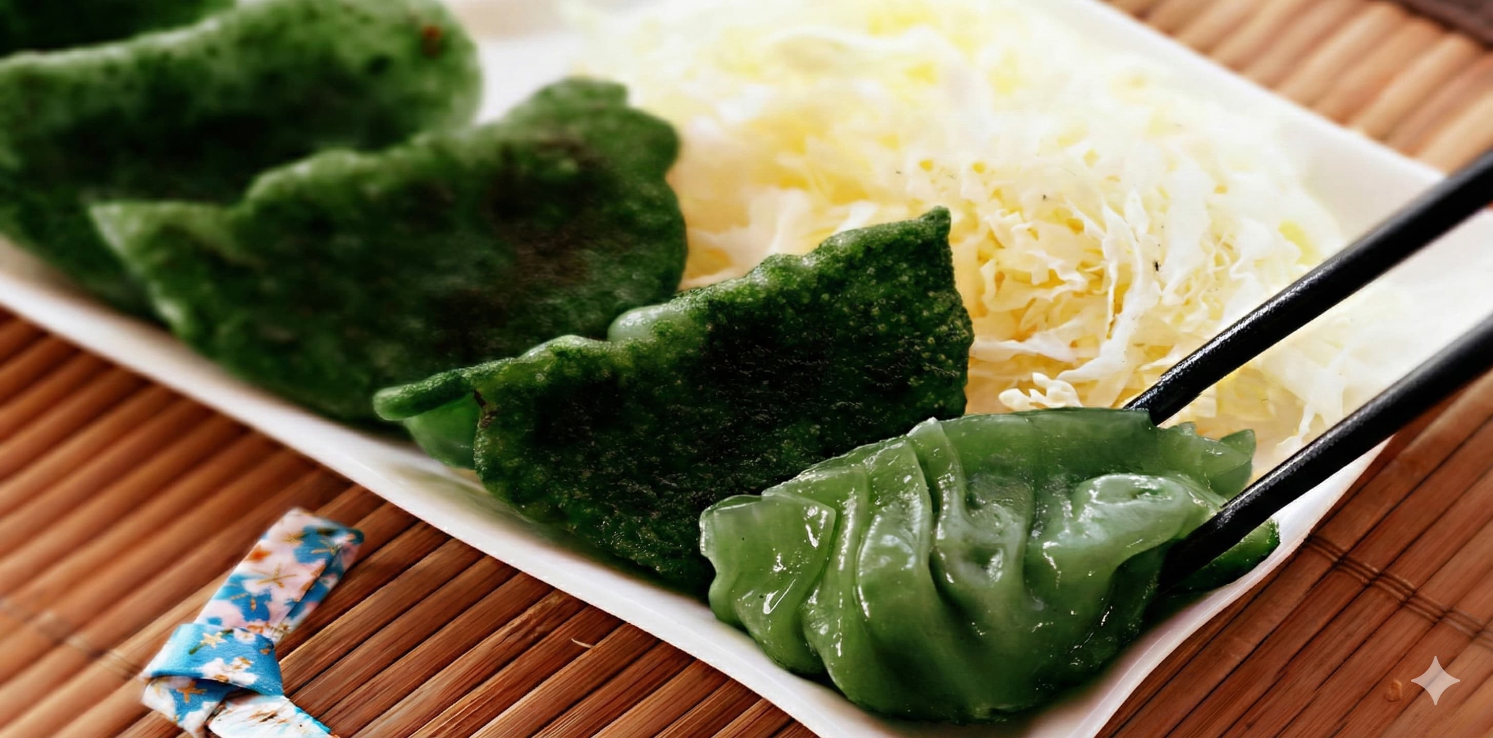 Classic pork and cabbage gyoza served with shredded cabbage