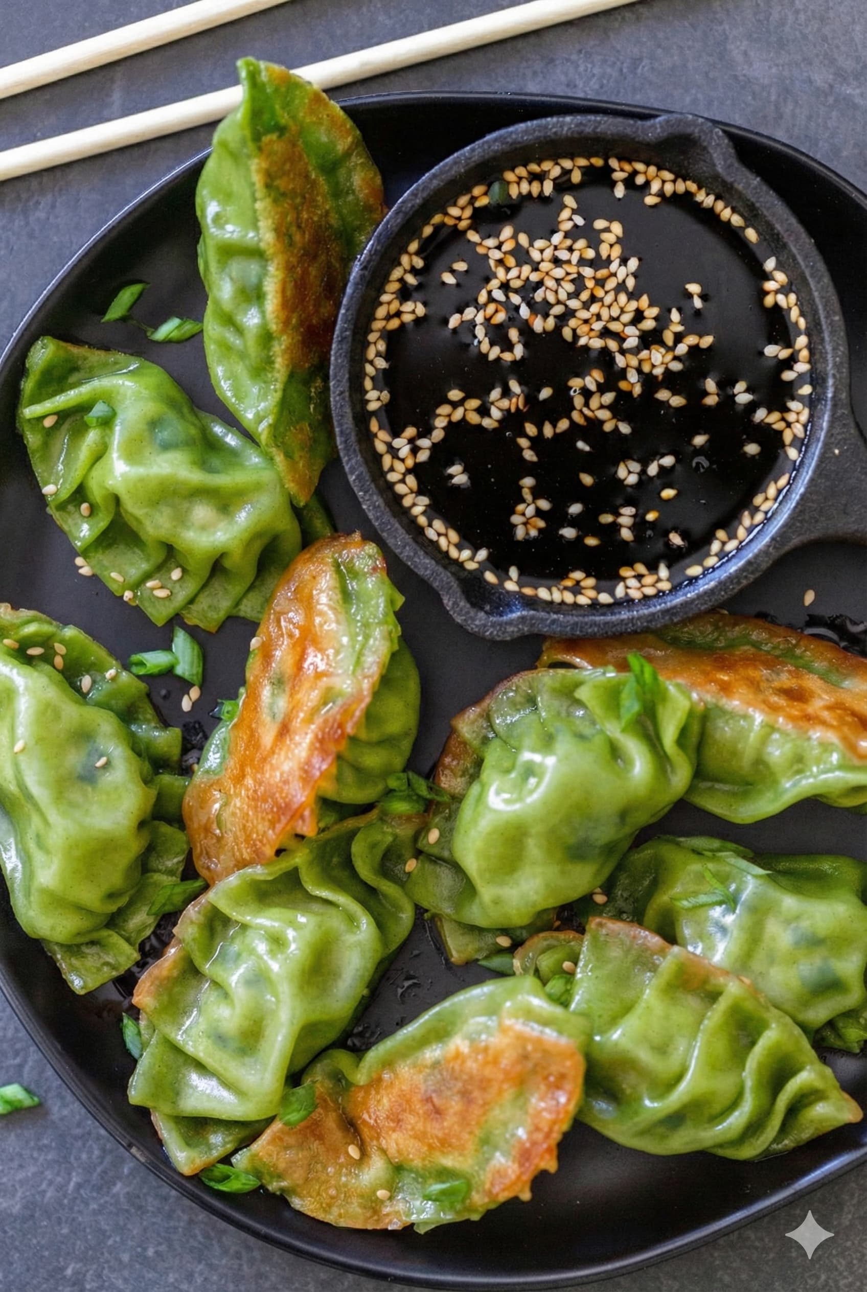 Close up of prawn and bamboo shoot gyoza