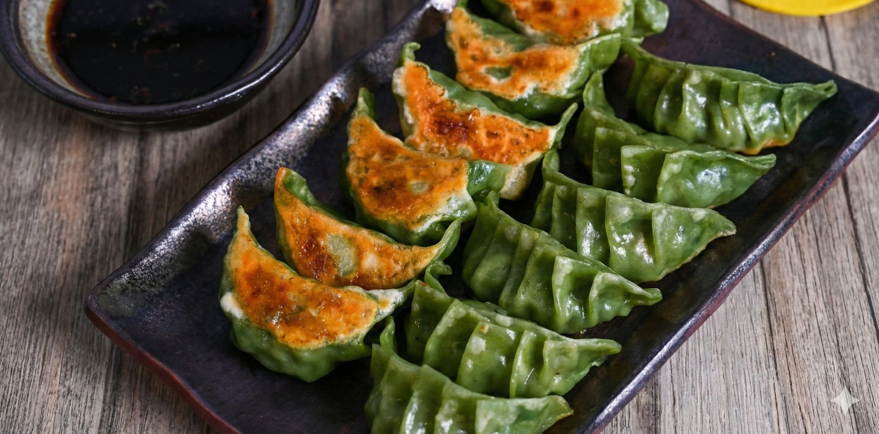 Plate of pan fried vegan gyoza with dipping sauce
